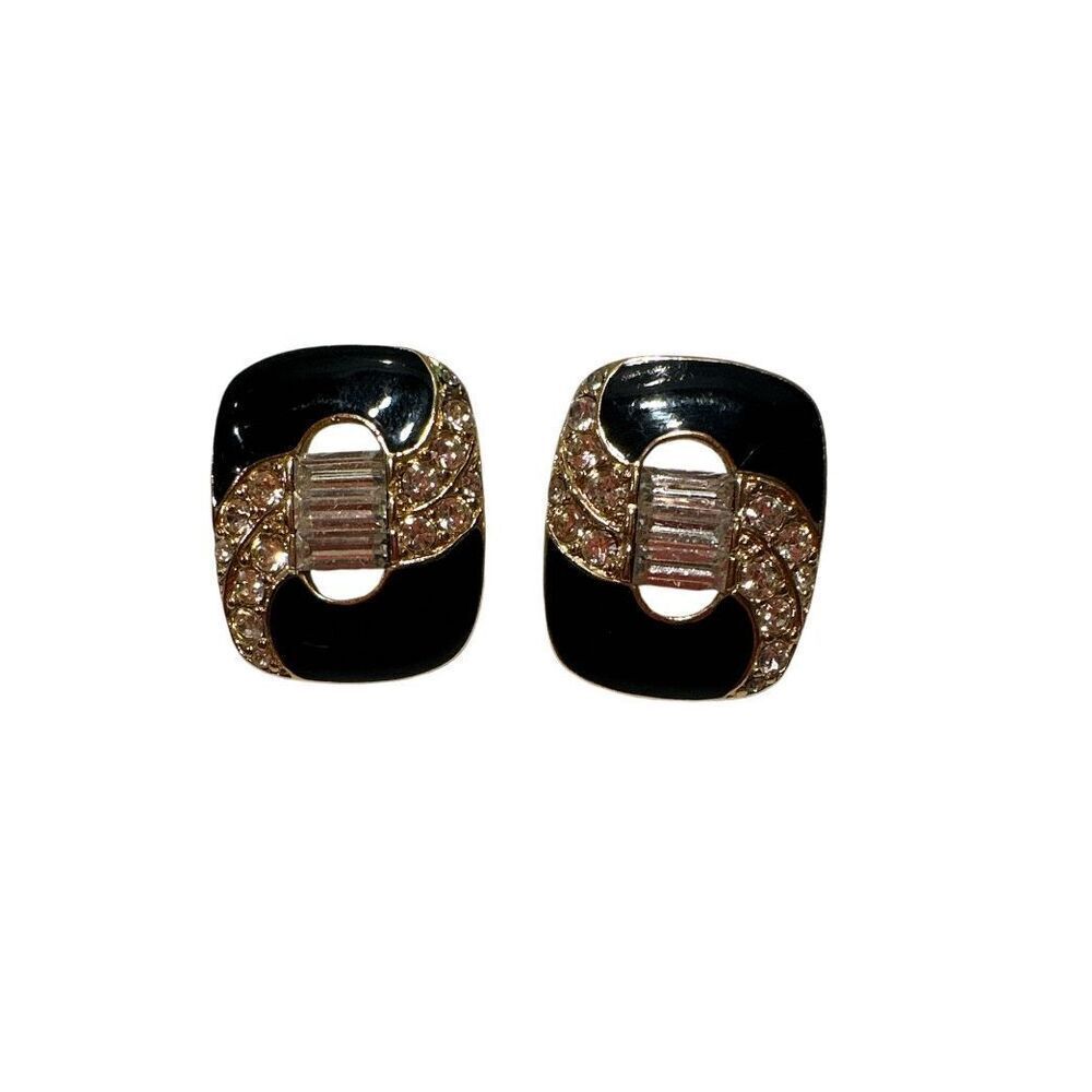 Vintage 80s TRIFARI  Precious Stones Black Clip Earrings